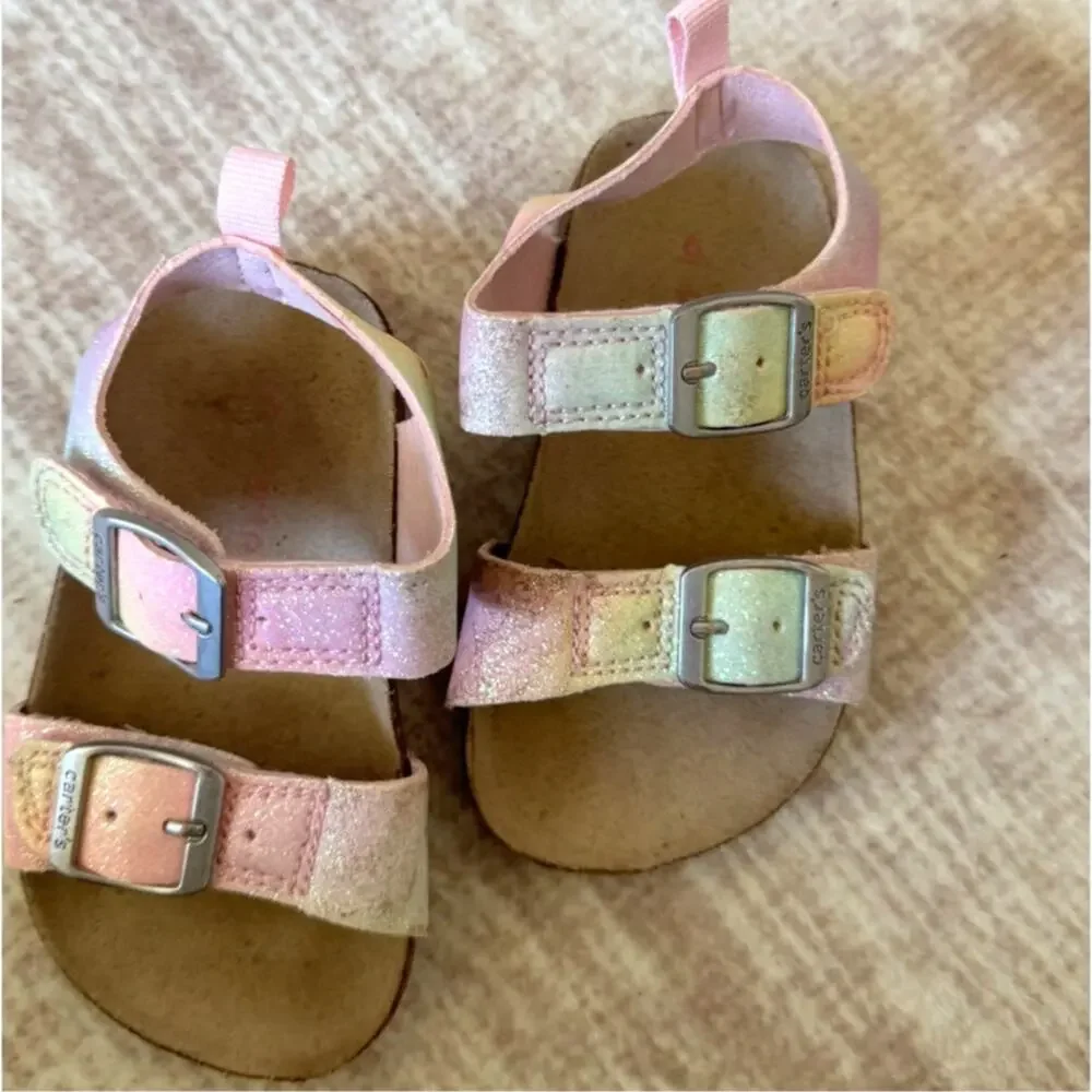 Carter’s Toddler Girls Size 6 Pink Iridescent Pastel Glitter Cork Sandals